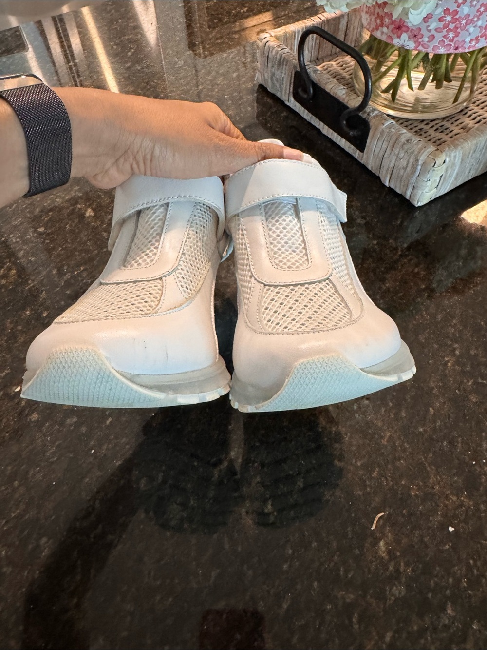 Women's White Mesh & Leather Velcro Sneakers - Picture 3 of 6